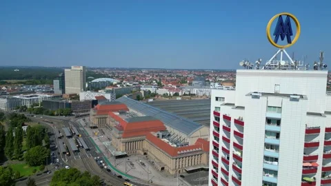 Leipzig central terminus station. summer day Perfect aerial view flight drone Stock Footage 283822966