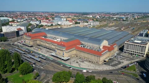 Leipzig central terminus station. summer day Great aerial view flight drone Video stock 283822990