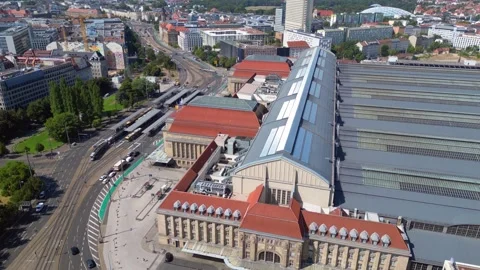Leipzig central terminus station. summer day Majestic aerial view flight drone Video stock 283823021