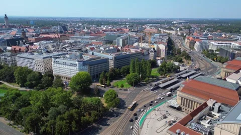 Leipzig central terminus station. summer day Dramatic aerial view flight drone Stock Footage 283823258