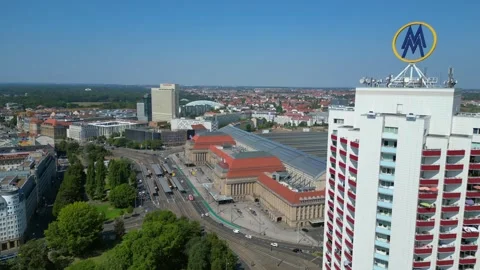 Leipzig central terminus station. summer day Stunning aerial view flight drone Video stock 283823281