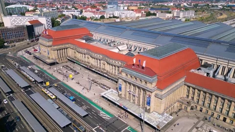 Leipzig central terminus station. summer day Smooth aerial view flight drone Video stock 283823317