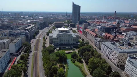 Leipzig cityscape, Opera House, skysraper. Magic aerial view flight drone Video stock 283822556