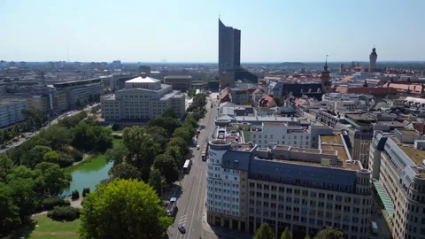 Leipzig cityscape, Opera House, skysraper. Nice aerial view flight drone Video stock 283822565