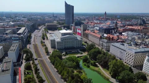 Leipzig cityscape, Opera House, skysraper. Lovely aerial view flight drone Video stock 283822580