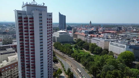 Leipzig cityscape, Opera House, skysraper. Gorgeous aerial view flight drone Video stock 283822594