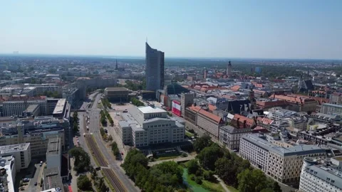 Leipzig cityscape, Opera House, skysraper. Wonderful aerial view flight drone Video stock 283822632