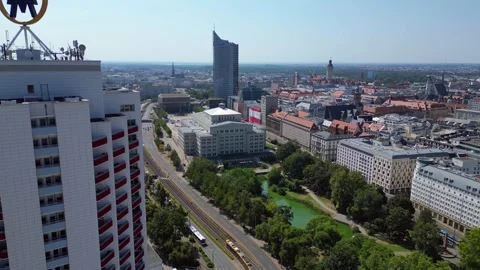 Leipzig cityscape, Opera House, skysraper. Smooth aerial view flight drone Stock Footage 283822666