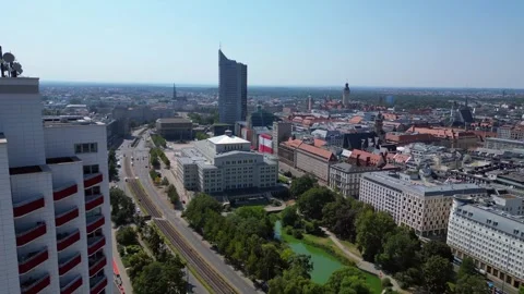 Leipzig cityscape, Opera House, skysraper. Dramatic aerial view flight drone Stock Footage 283822676