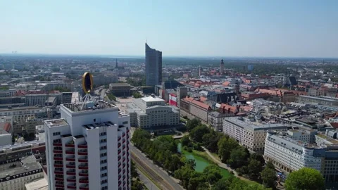Leipzig cityscape, Opera House, skysraper. Beautiful aerial view flight drone Video stock 283822693
