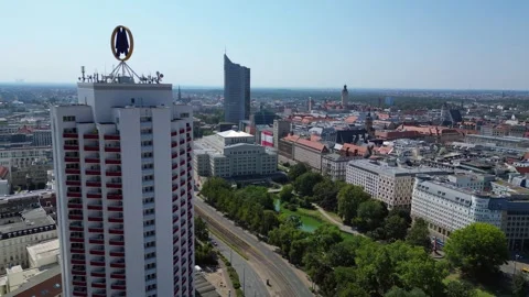Leipzig cityscape, Opera House, skysraper. Stunning aerial view flight drone Video stock 283822704