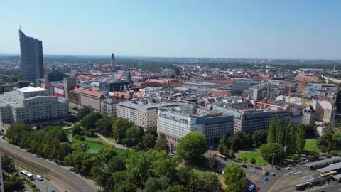 Leipzig cityscape, Opera House, skysraper. Amazing aerial view flight drone Stock Footage 283822737