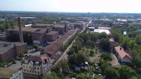 Leipzig cotton spinning mill brick buildings Beautiful aerial view flight drone Stock Footage 283845679