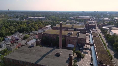 Leipzig cotton spinning mill brick buildings Magic aerial view flight drone 스톡 동영상 283845693