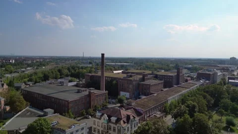 Leipzig cotton spinning mill brick buildings Marvelous aerial view flight drone Video stock 283845704
