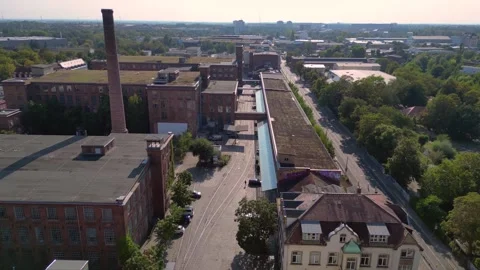 Leipzig cotton spinning mill brick buildings Fantastic aerial view flight drone Stock Footage 283845730