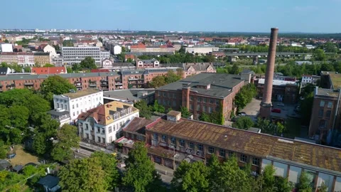 Leipzig cotton spinning mill brick buildings Spectacular aerial view drone Stock Footage 283845748