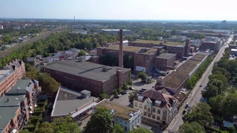 Leipzig cotton spinning mill brick buildings Spectacular aerial view drone Video stock 283845773