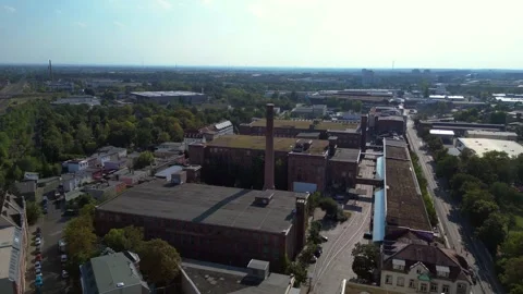 Leipzig cotton spinning mill brick buildings Best aerial view flight drone Stock Footage 283845802