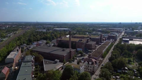 Leipzig cotton spinning mill brick buildings Nice aerial view flight drone Stock Footage 283845856