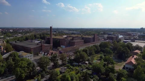 Leipzig cotton spinning mill brick buildings Lovely aerial view flight drone Stock Footage 283845869