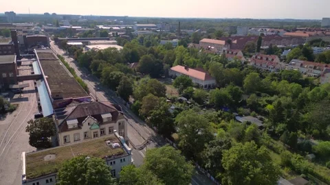 Leipzig cotton spinning mill brick buildings Majestic aerial view flight drone Video stock 283845914