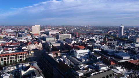 Leipzig, Germany. Drone Shot of Downtown Buildings and Marktplatz Square Stock Footage 266156209