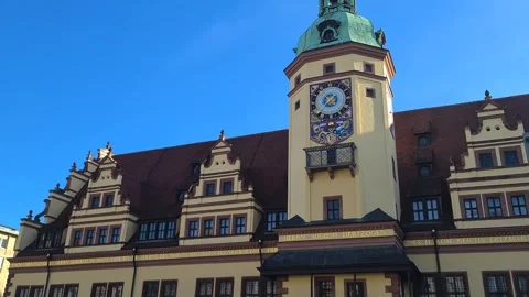 Leipzig, Germany. Experior of Old Town Hall Museum on Marktplatz on Sunny Day 스톡 동영상 296787558