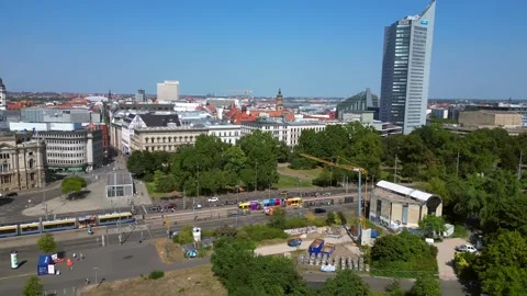 Leipzig, germany featuring the city skyscraper hochhaus and augustusplatz Stock Footage 284248809