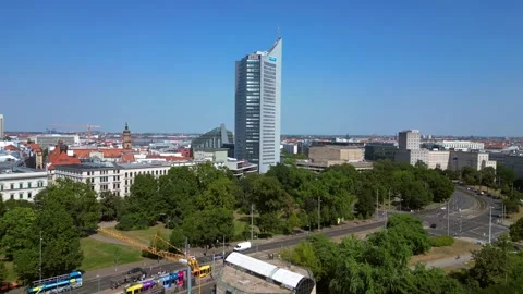 Leipzig, germany featuring the city skyscraper hochhaus and augustusplatz Stock Footage 284295200