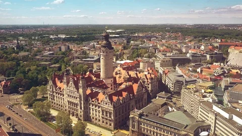LEIPZIG, GERMANY - MAY 1, 2018. Aerial view of the Neues Rathaus or New Town Stock Footage 89671970