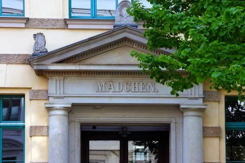 Leipzig, Germany, May 3, 2026: Architectural Detail of Historic School Buil.. Stock Photos