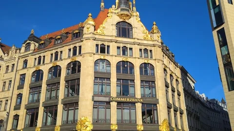 Leipzig, Germany. Old Commerzbank Building in City Downtown on Sunny Day Vídeo Stock 296738782