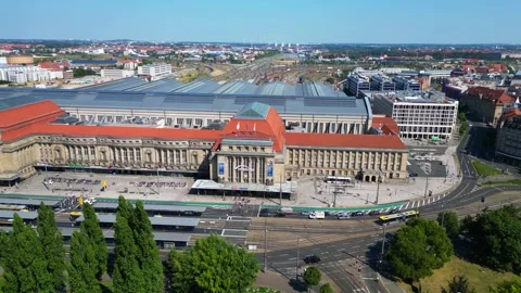 Leipzig Historic central main station summer Nice aerial view flight drone Video stock 283823202