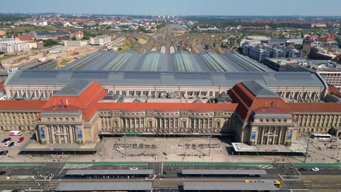 Leipzig Historic central main station summer Amazing aerial view flight drone Video stock 283823216