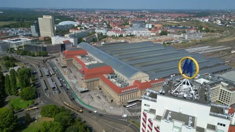 Leipzig Historic central main station summer Smooth aerial view flight drone Video stock 283823337
