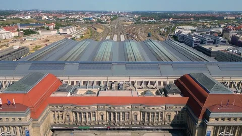 Leipzig Historic central main station summer Perfect aerial view flight drone Stock Footage 283823391