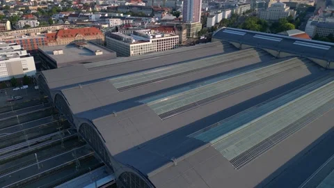 Leipzig Largest terminus central station. Nice aerial view flight drone Video stock 283830988