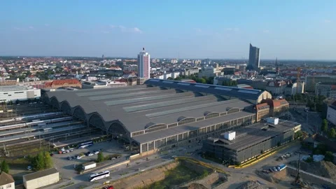 Leipzig Largest terminus central station. Perfect aerial view flight drone 스톡 동영상 283831013
