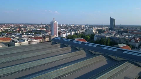Leipzig Largest terminus central station. Smooth aerial view flight drone Video stock 283831037