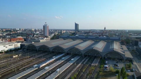 Leipzig Largest terminus central station. Magic aerial view flight drone Stock Footage 283831063