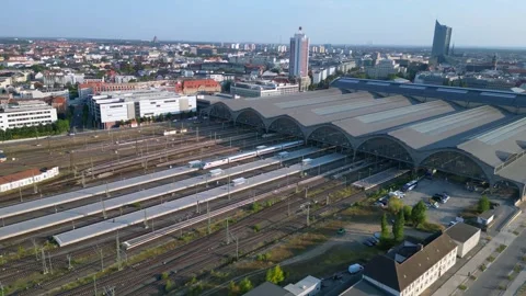 Leipzig Largest terminus central station. Stunning aerial view flight drone Video stock 283831089