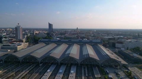 Leipzig Largest terminus central station. Lovely aerial view flight drone Video stock 283831280