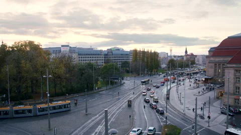 Leipzig Main Station Building and Public Transportation Trains and Buses Stock Footage 256000323