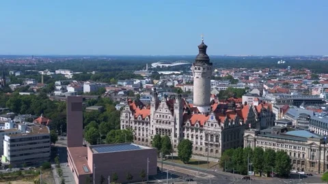 Leipzig new city hall tower, summer day. Majestic aerial view flight drone Video stock 283831536