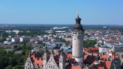 Leipzig new city hall tower, summer day. Fantastic aerial view flight drone Video stock 283831595