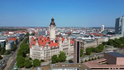 Leipzig new city hall tower, summer day. Fabulous aerial view flight drone 스톡 동영상 283831779