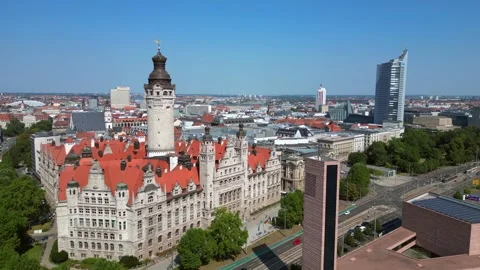 Leipzig new city hall tower, summer day. Great aerial view flight drone Stock Footage 283831817