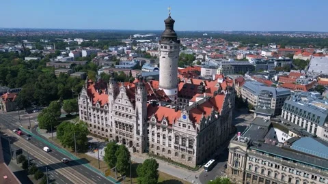 Leipzig new city hall tower, summer day. Gorgeous aerial view flight drone Video stock 283832023