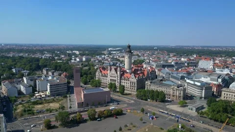Leipzig new city hall tower, summer day. Magic aerial view flight drone Stock Footage 283832196